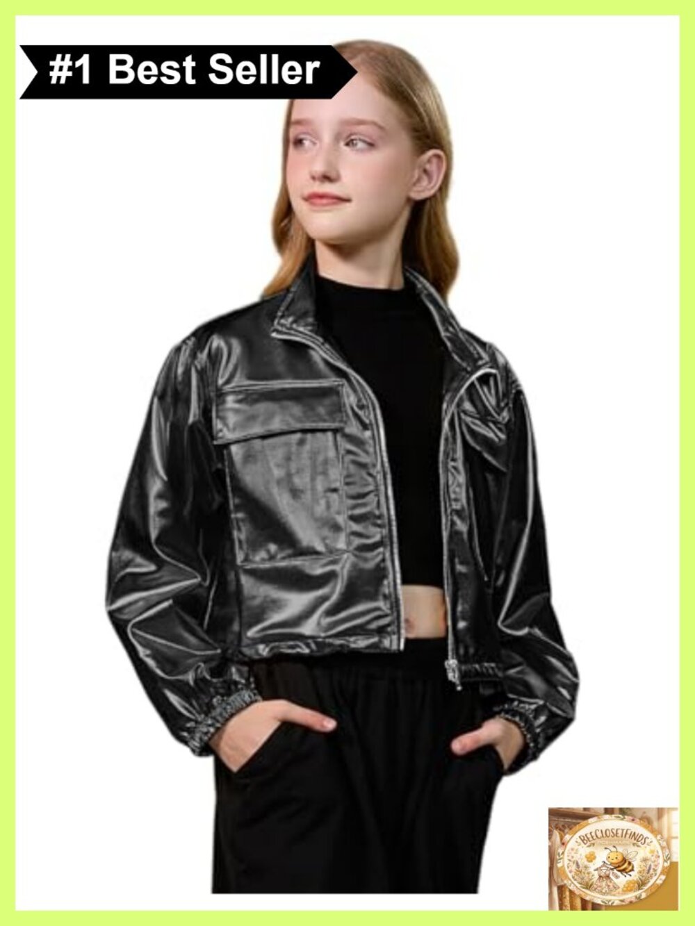 Girls Metallic Cropped Bomber Jacket Zip Up Lightweight Windbreaker with Pockets